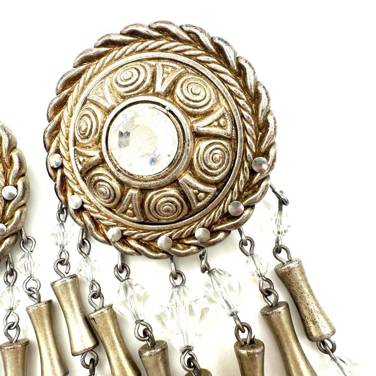Vintage champagne gold tone clear beaded crystal drops dangle clip on earrings