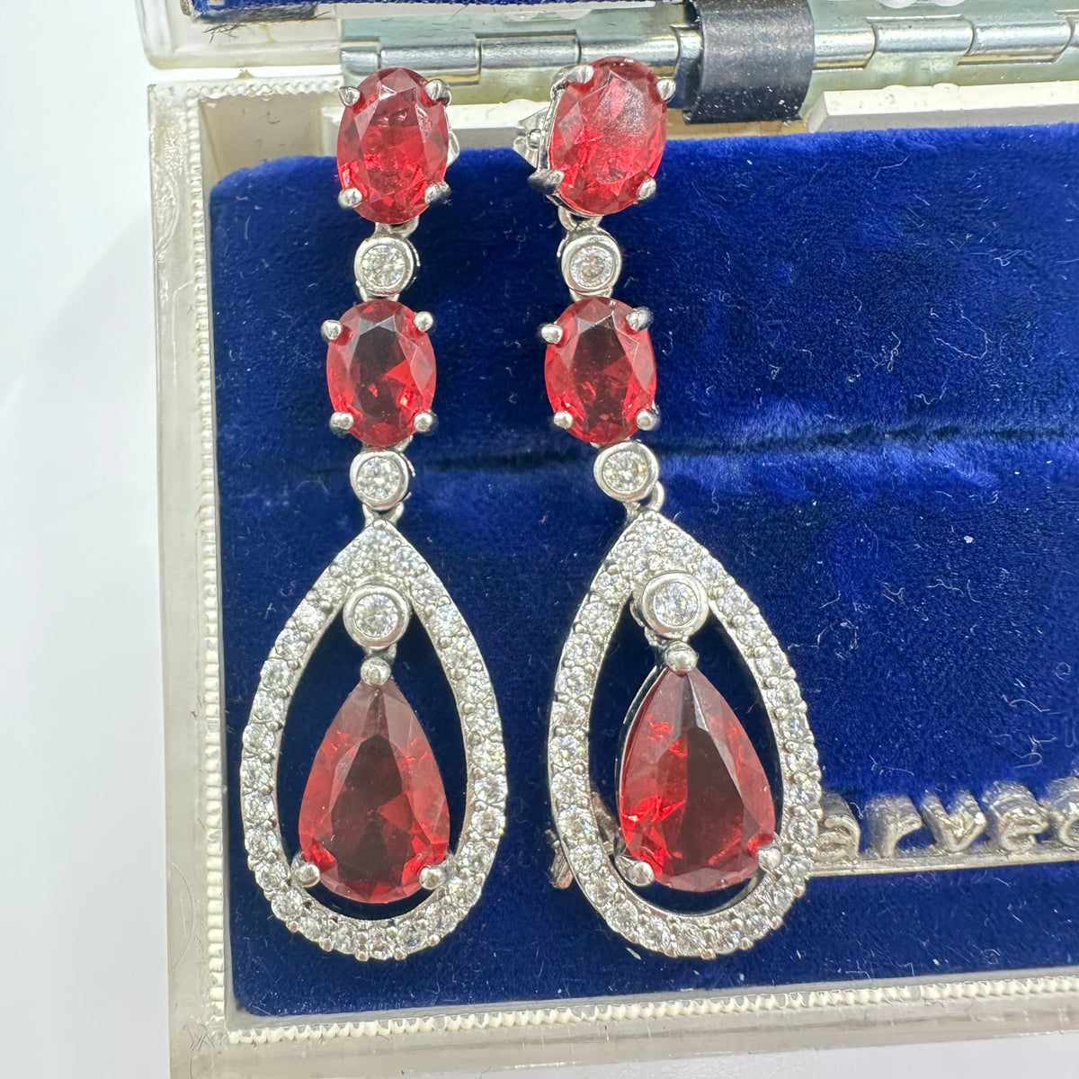 Silver tone red crimson clear cubic zirconia CZ posts dangle drop earrings