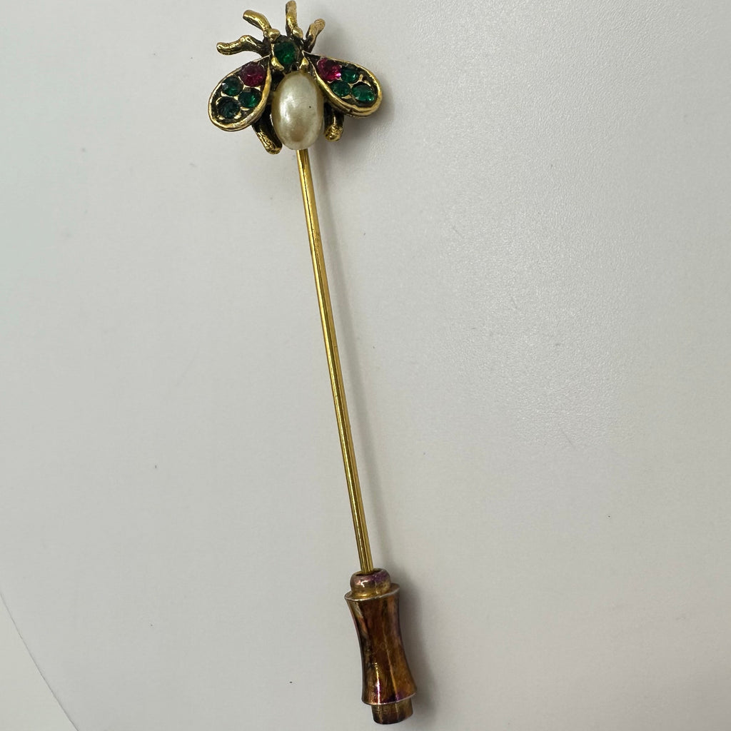 Vintage gold tone red green rhinestones faux pearl bumblebee stick pin brooch