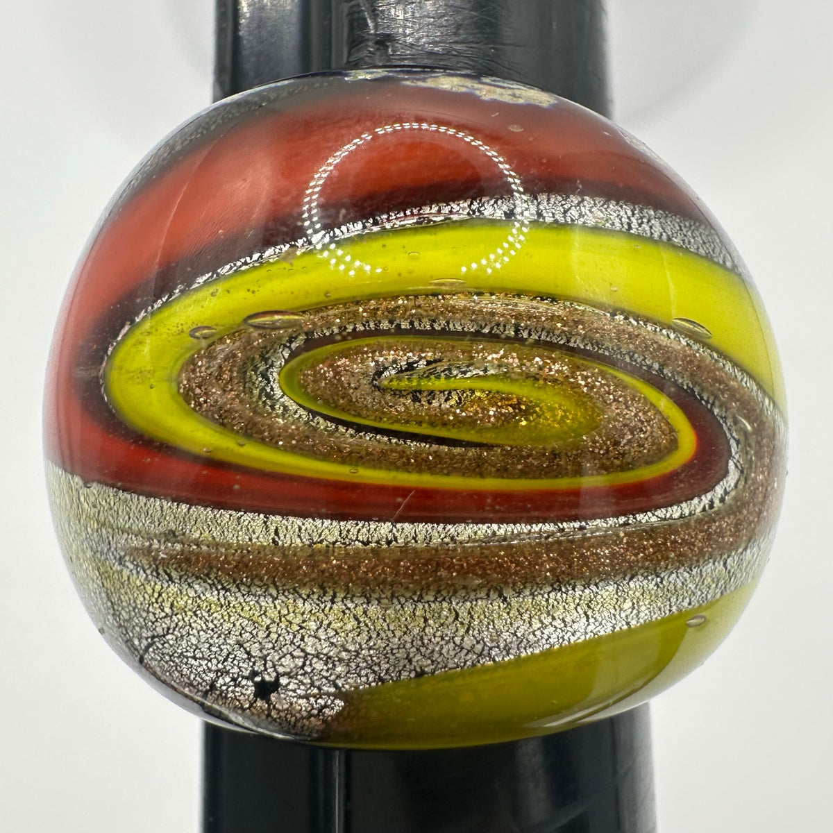 Vintage hand blown swirled red yellow black silver gold glitter art glass ring 9