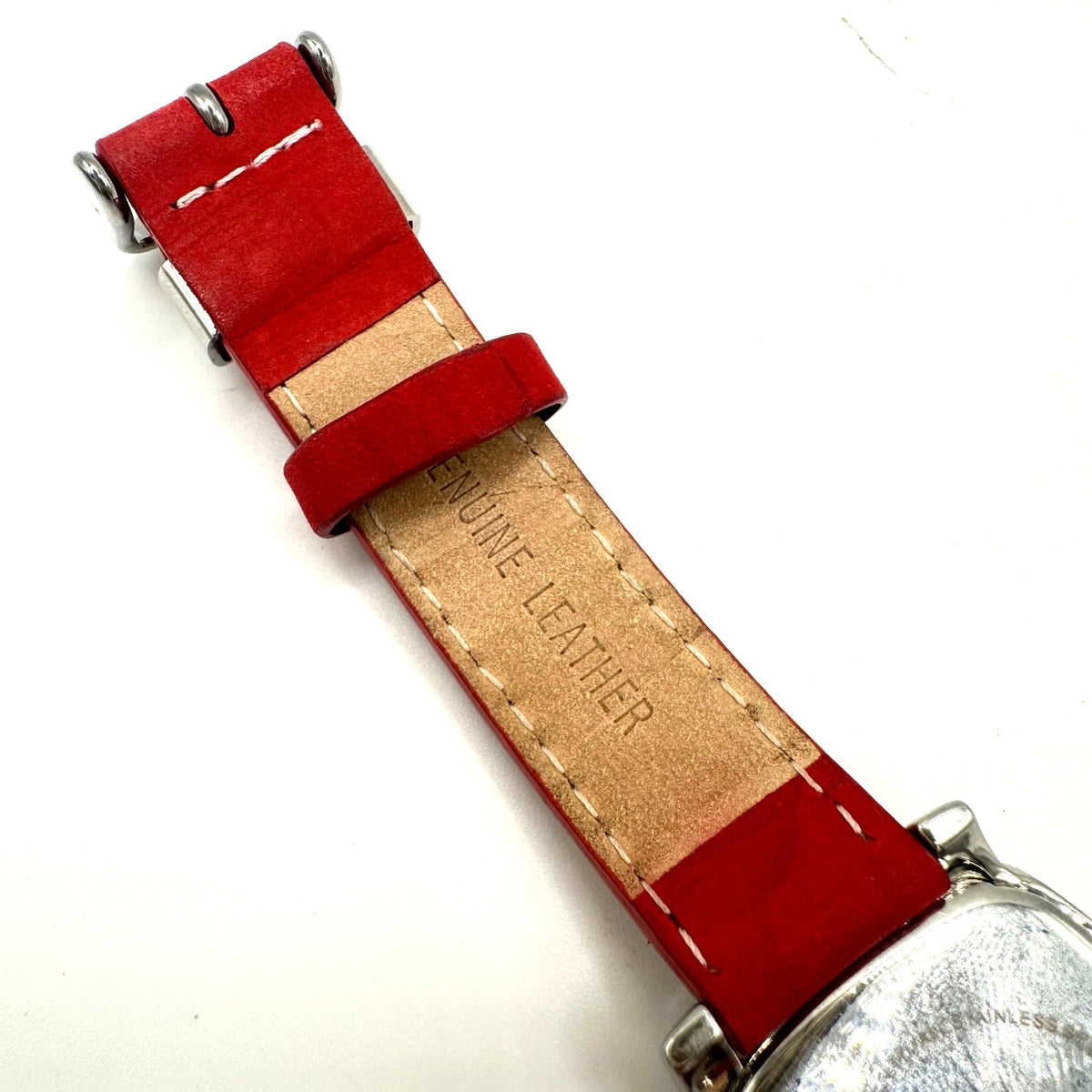 Skagen quartz silver tone mother of pearl rounded square dial red leather watch