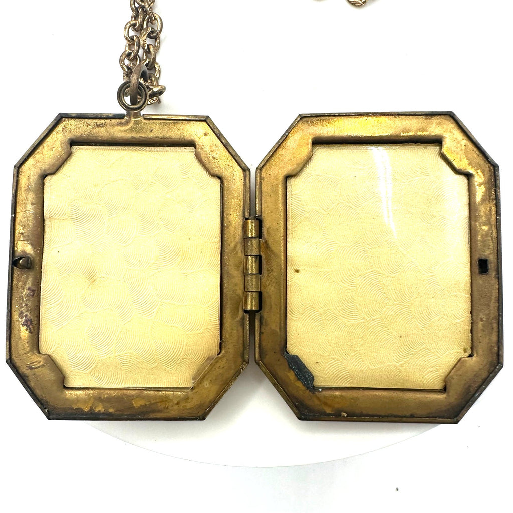 Antique Art Deco 1920s 1930s gold tone cameo locket 19” chain necklace
