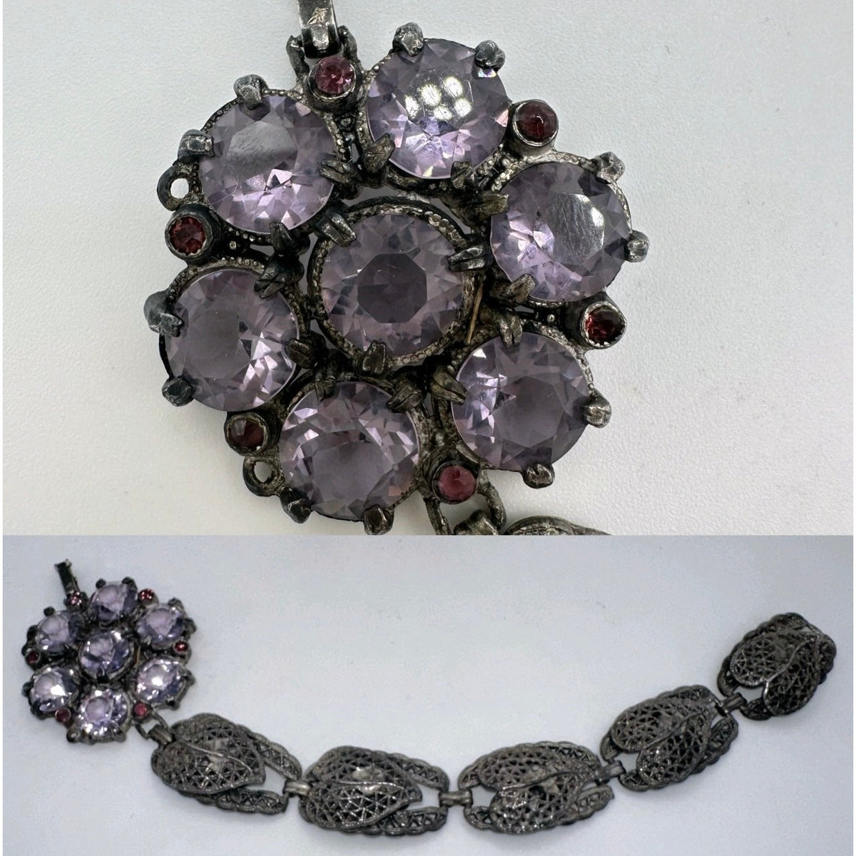 Antique Art Deco silver tone purple glass faux amethyst gemstones bracelet