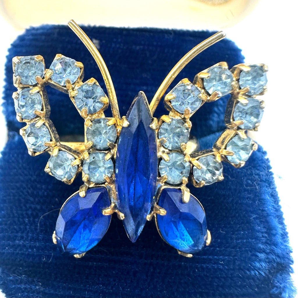 Vintage 1950s gold tone blue rhinestones butterfly adjustable cocktail ring