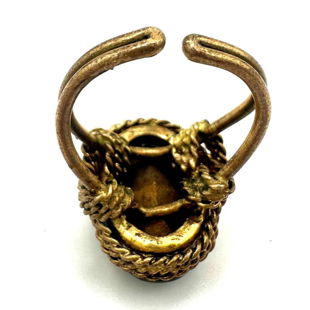 Vintage gold tone large fern green rhinestone adjustable cocktail ring