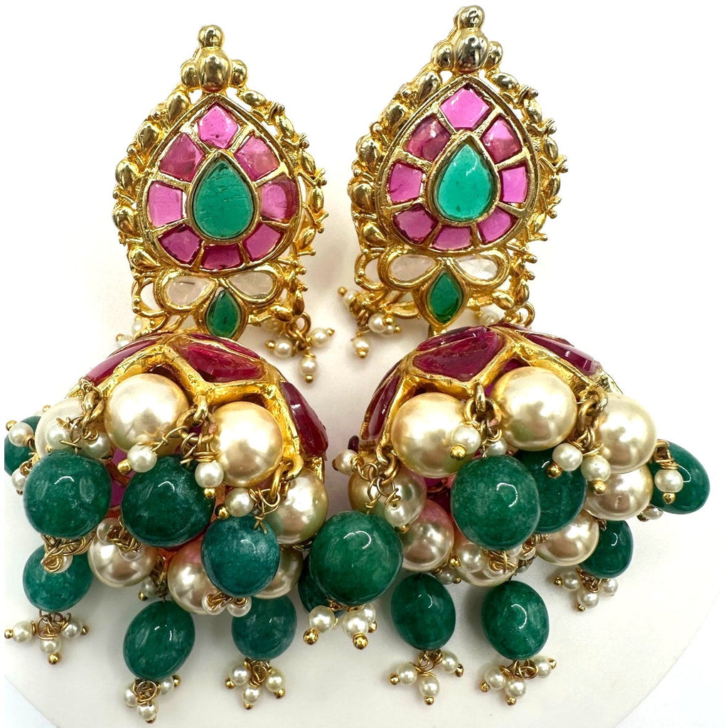 Indian Bridal gold plated real ruby green gems beaded pearls jhumka earrings