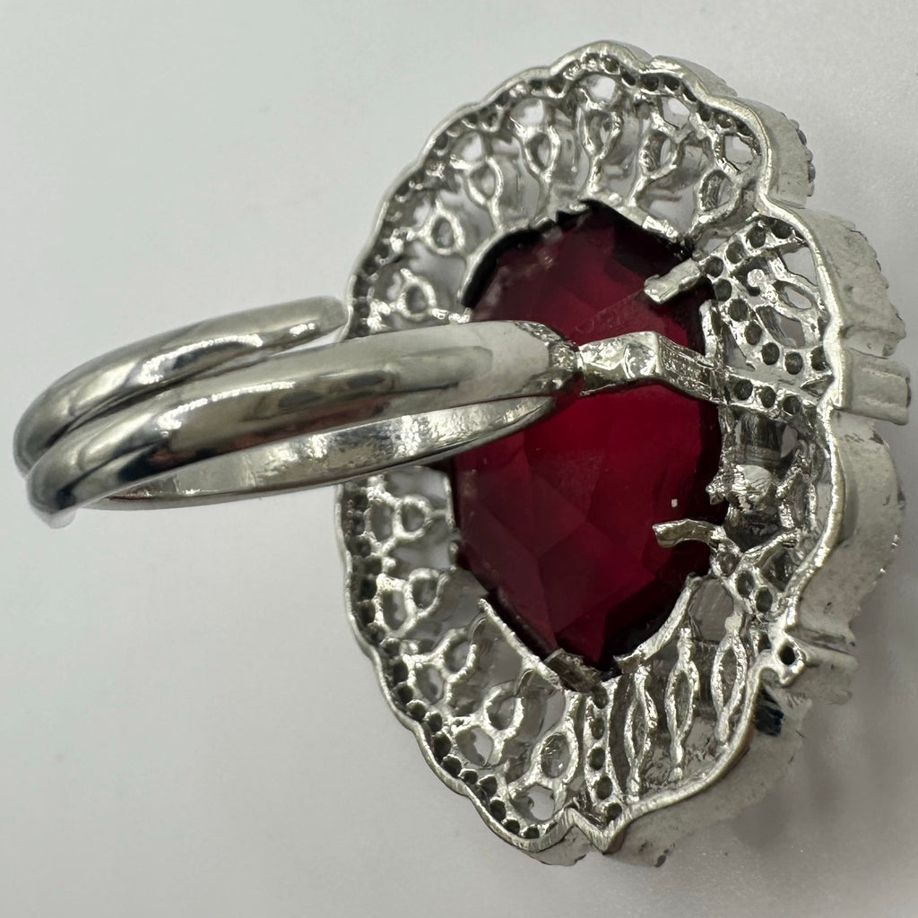 Silver tone red crimson clear cubic zirconia cluster adjustable statement ring