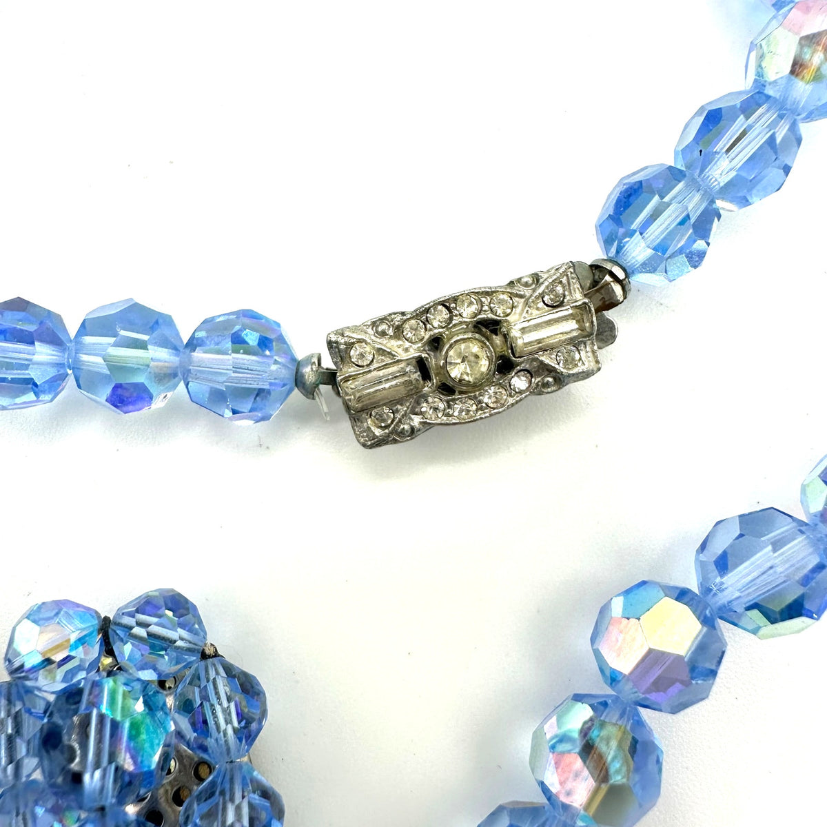Vintage light blue aurora borealis AB glass beaded necklace clip on earrings