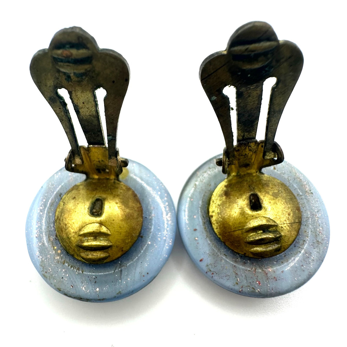 Austria vintage periwinkle blue purple gold glitter art glass clip on earrings