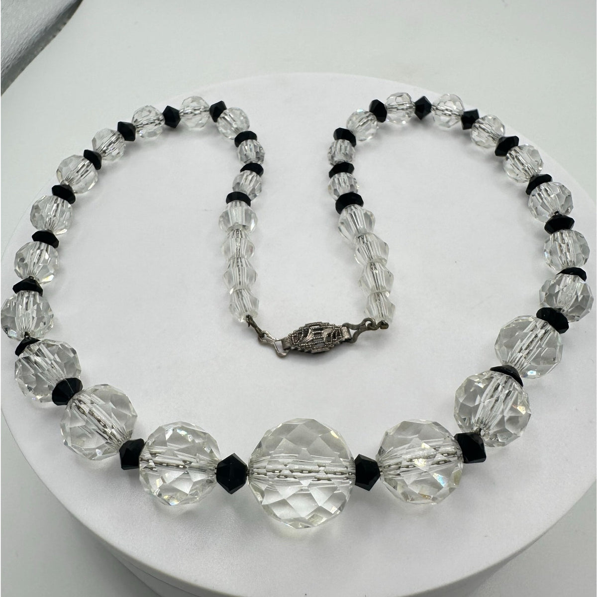 Antique Art Deco 1930s clear black Czech glass beads beaded graduated necklace