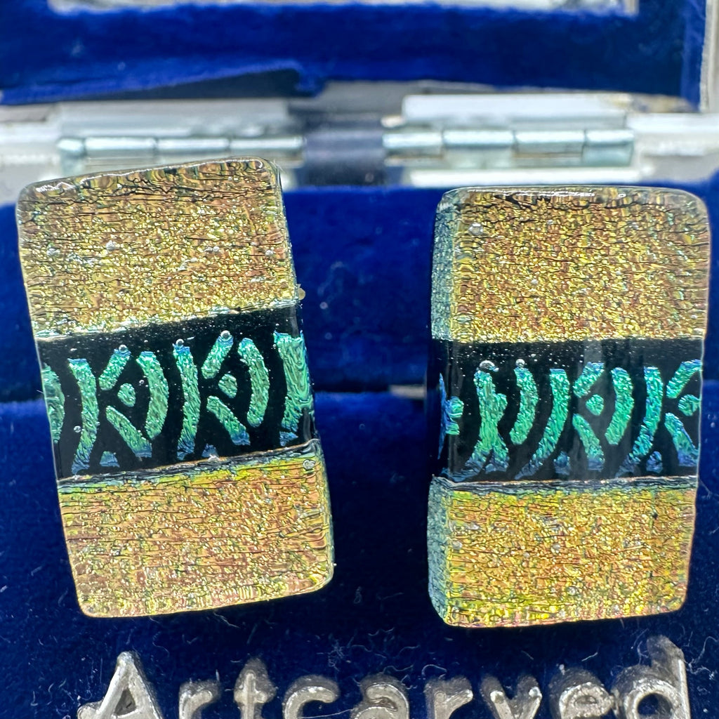 Vintage sterling silver gold glitter black dichroic glass clip on earrings