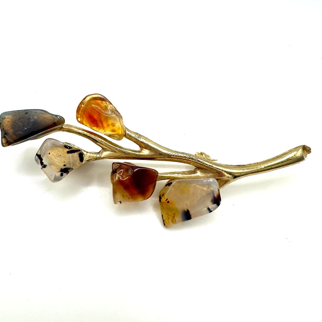 Vintage gold tone genuine red carnelian banded black agate 5 stone floral brooch