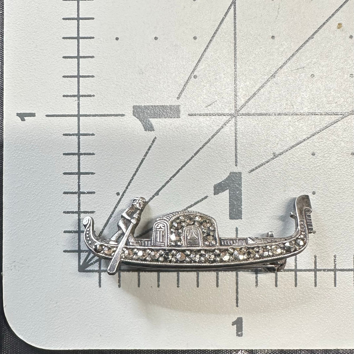 Antique Art Deco 925 sterling silver marcasite gondola boat figural brooch pin