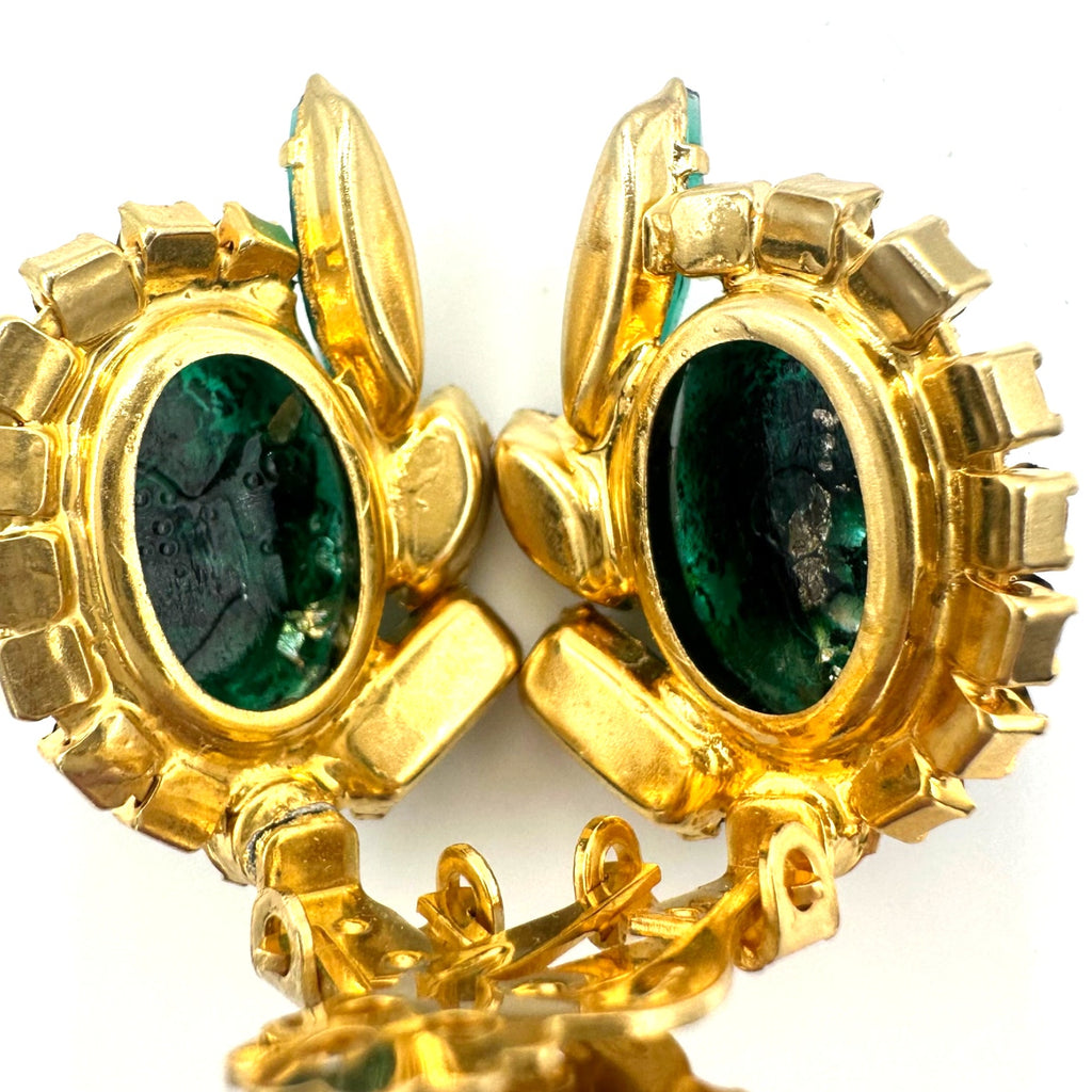 Juliana 1960s vintage gold tone green art glass AB rhinestones clip on earrings