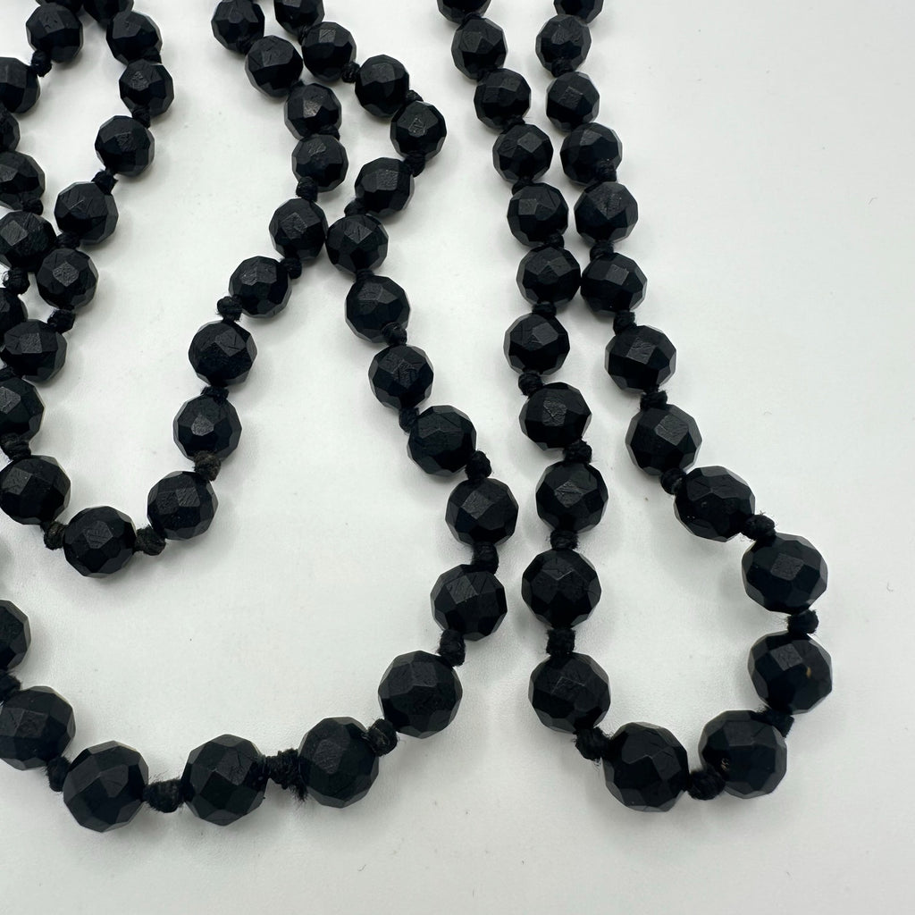Antique Victorian 1800s black faceted vulcanite beaded 58” mourning necklace