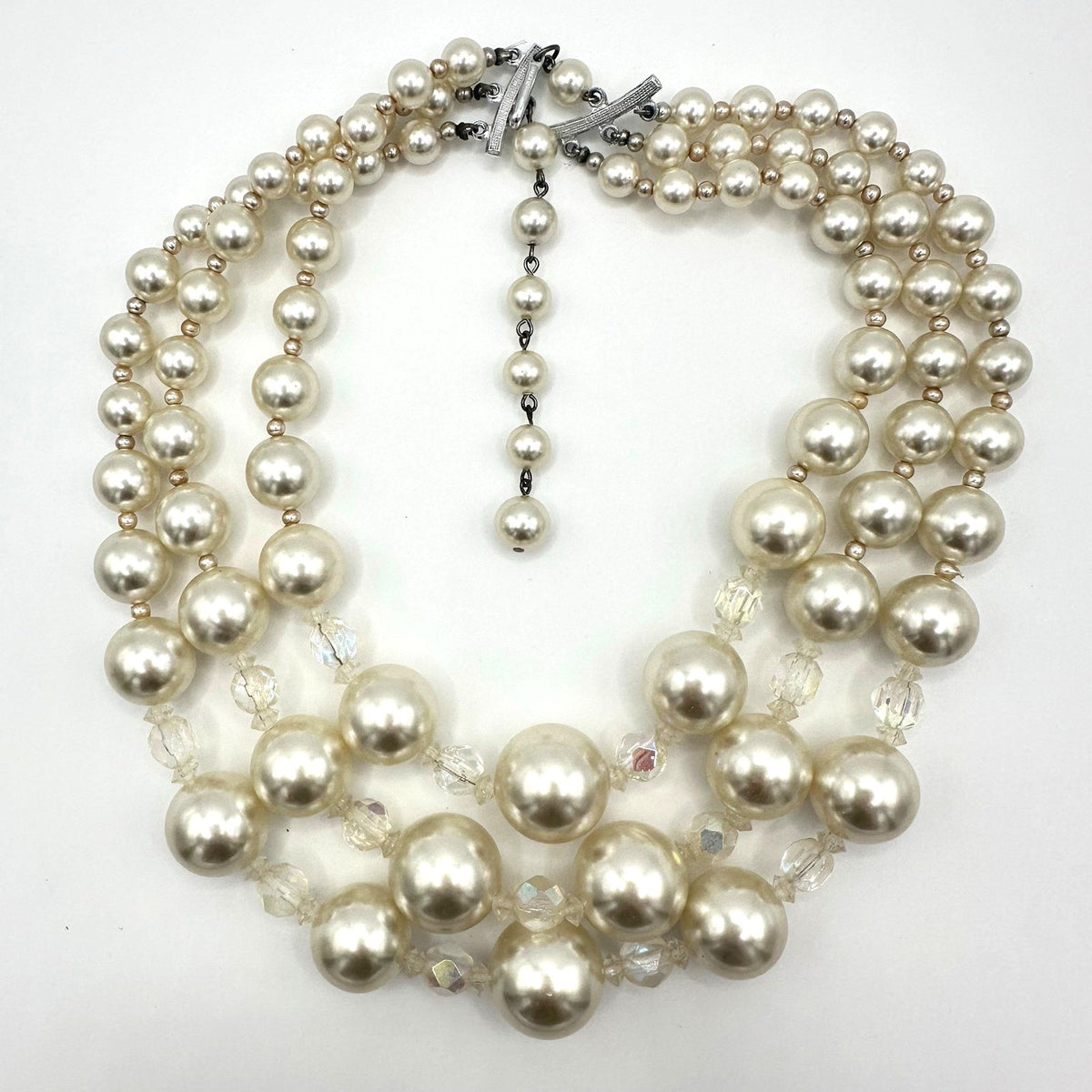 Japan vintage 3 multi strand lucite faux pearls AB beaded graduated necklace