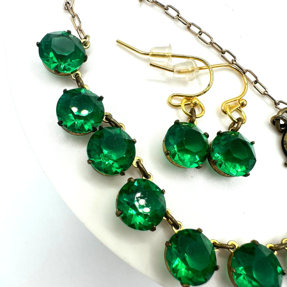 Antique Art Deco green Czech glass rhinestones rivière chain necklace earrings