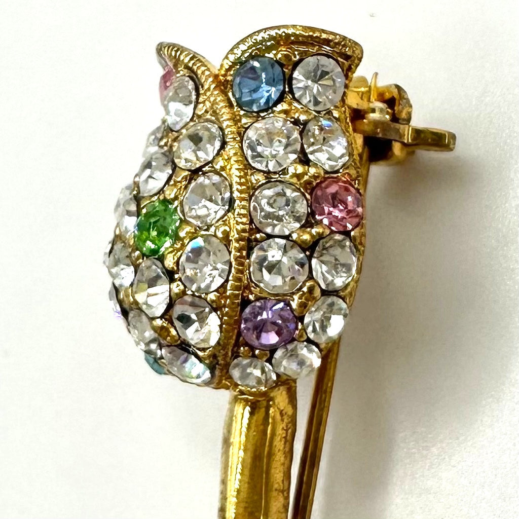 Gold tone clear multicolor glass rhinestones rose flower floral brooch