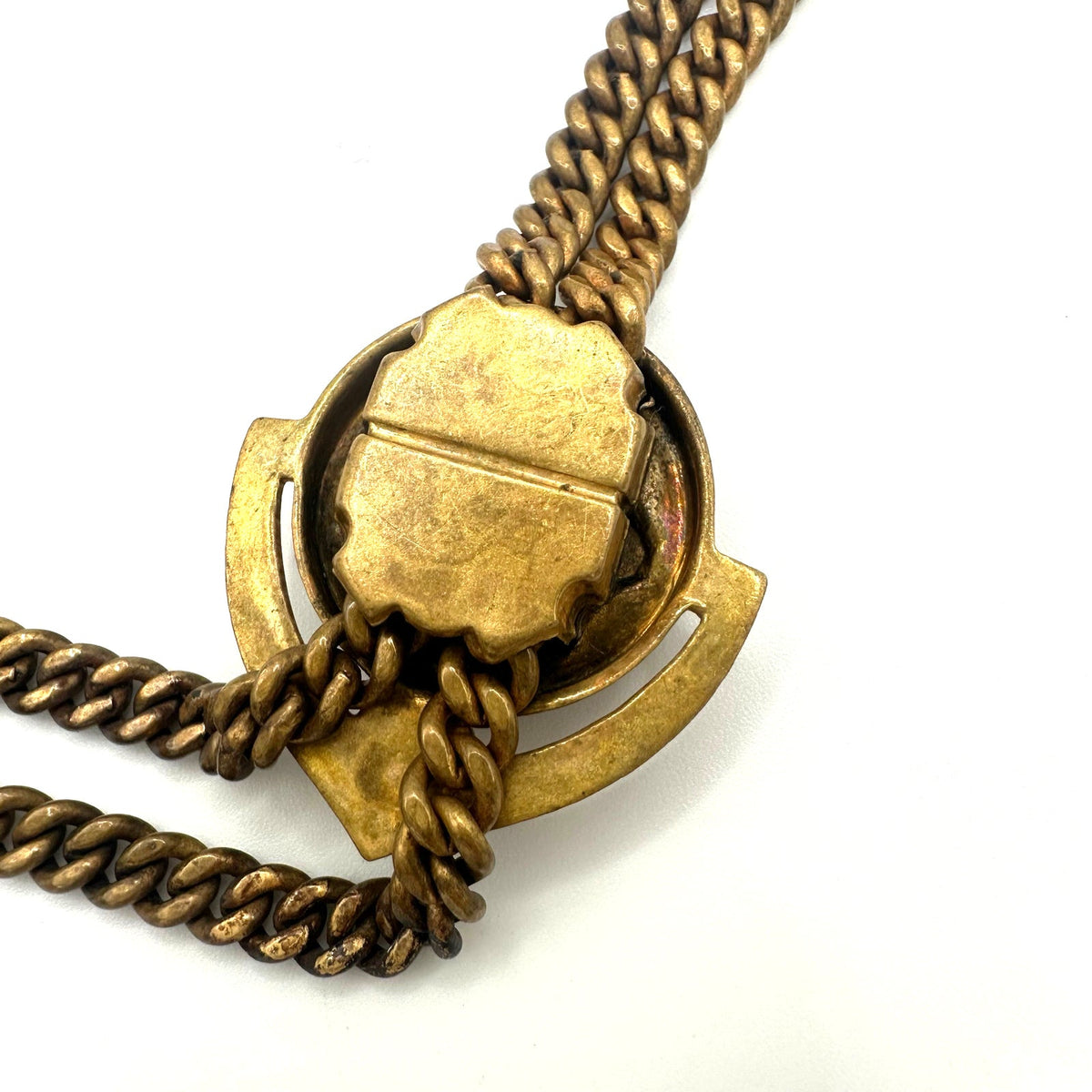 Antique vintage Victorian Revival brass molded green glass slider fob necklace