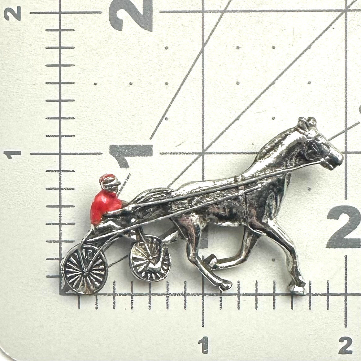 1940s vintage silver tone red enamel horse man racer chariot figural brooch