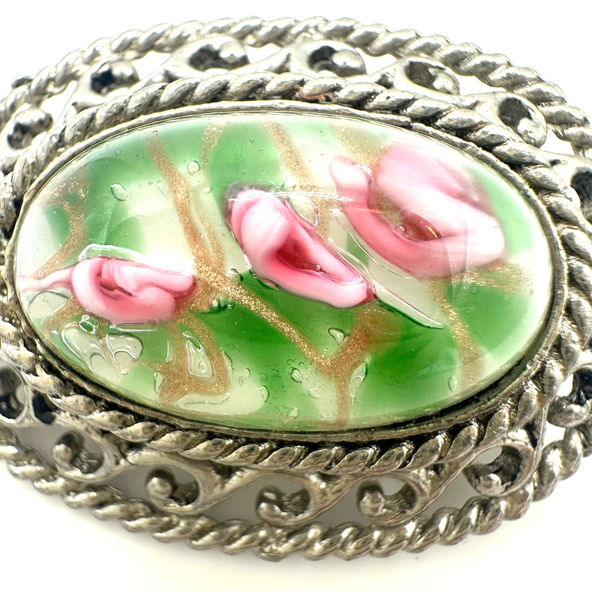 Vintage silver tone Murano pink green blown art glass cabochon oval brooch pin