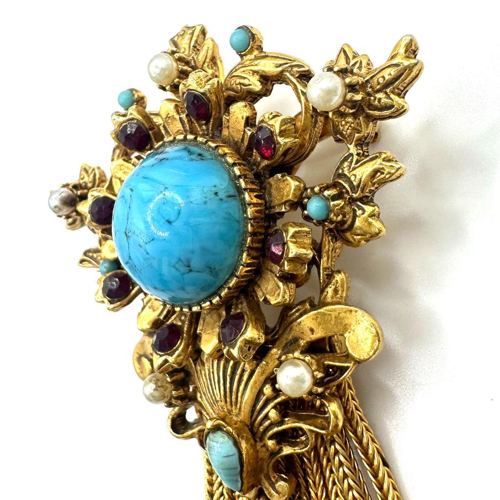 Florenza Victorian Revival gold tone fringe rhinestones art glass brooch pendant