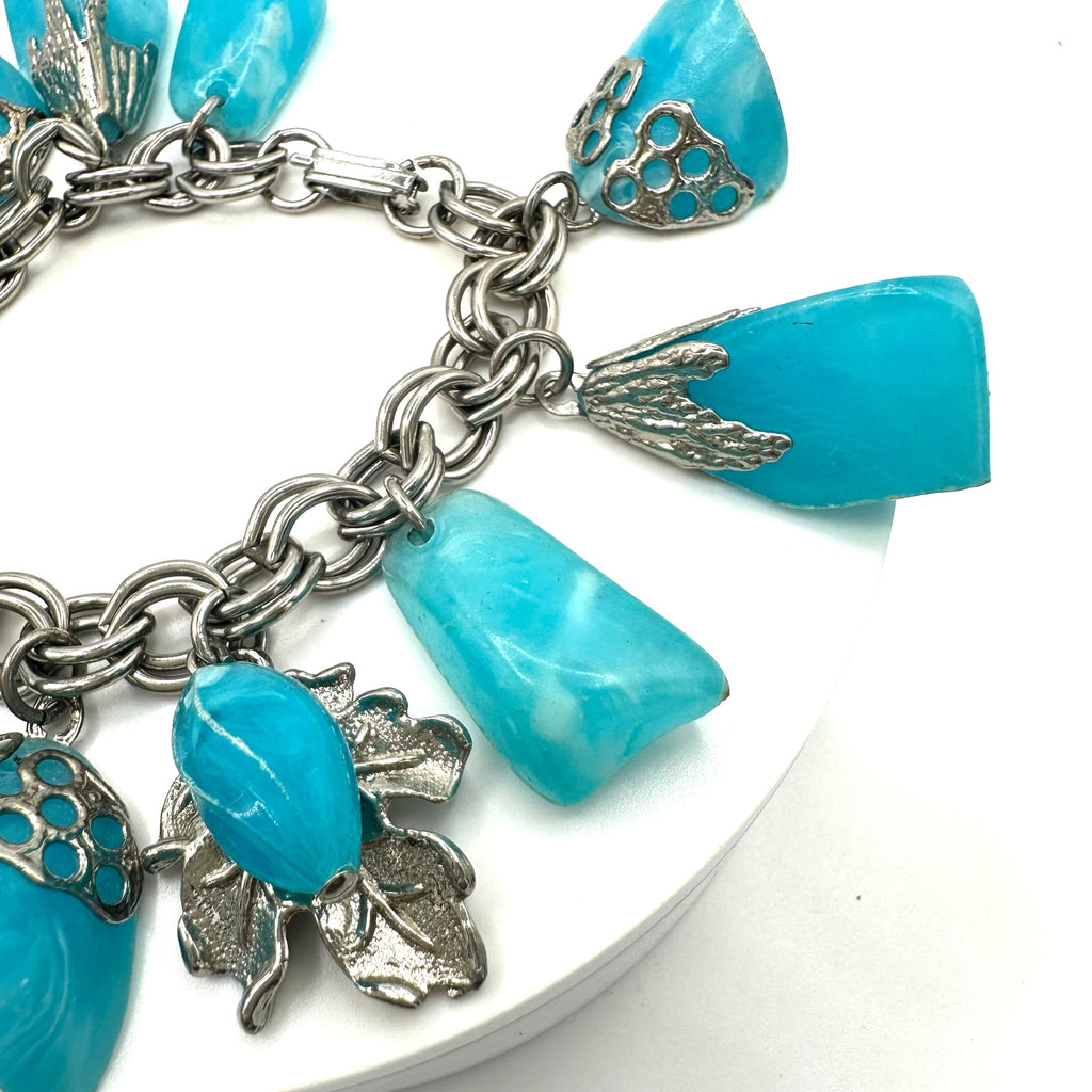 Vintage 1960s silver tone double cable link light blue lucite charms bracelet