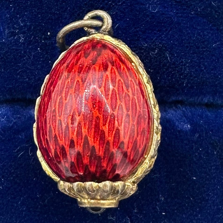 Vintage gilt sterling silver red floral garnet enamel rhinestones egg pendant