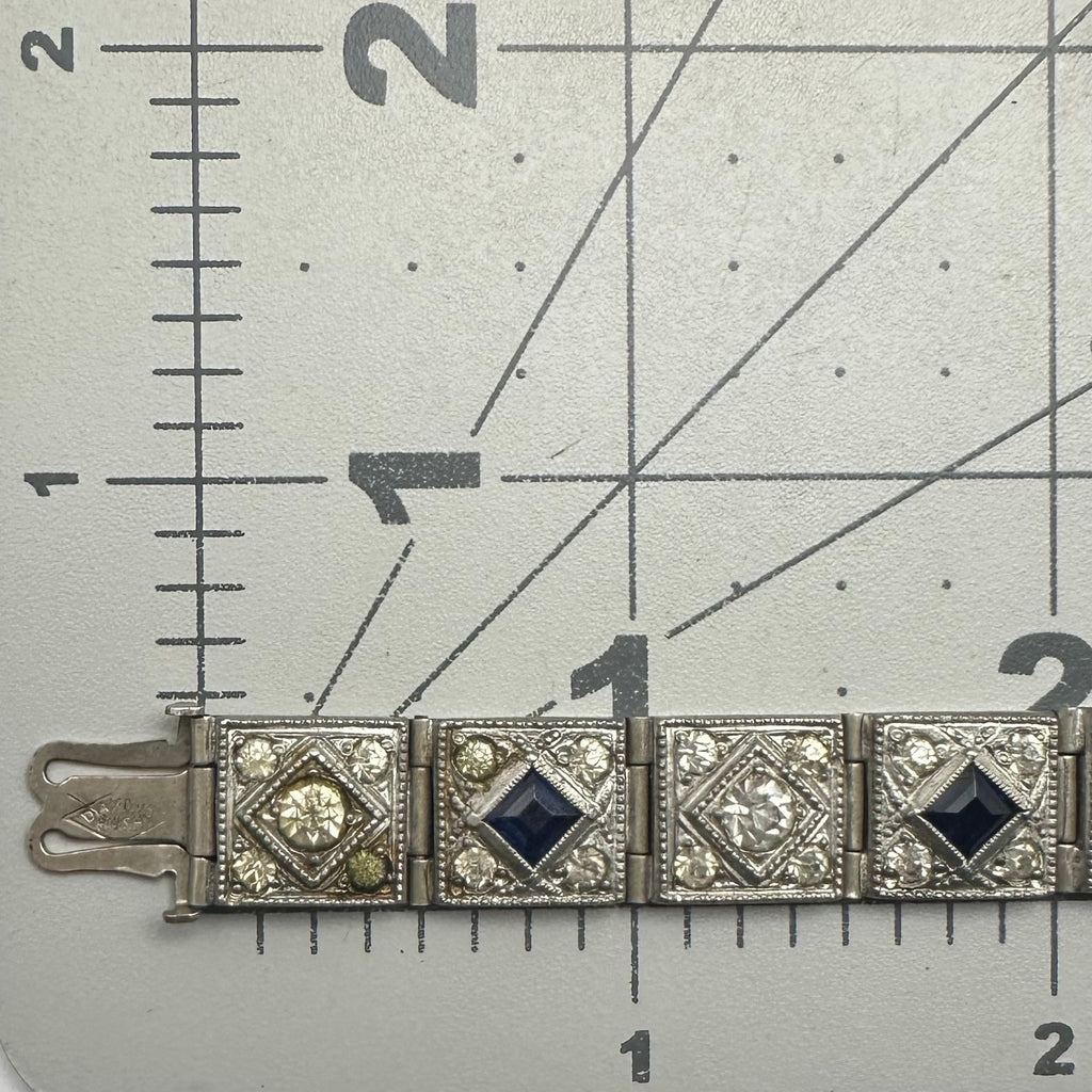 Diamond Finish antique Art Deco pot metal clear blue rhinestones bracelet