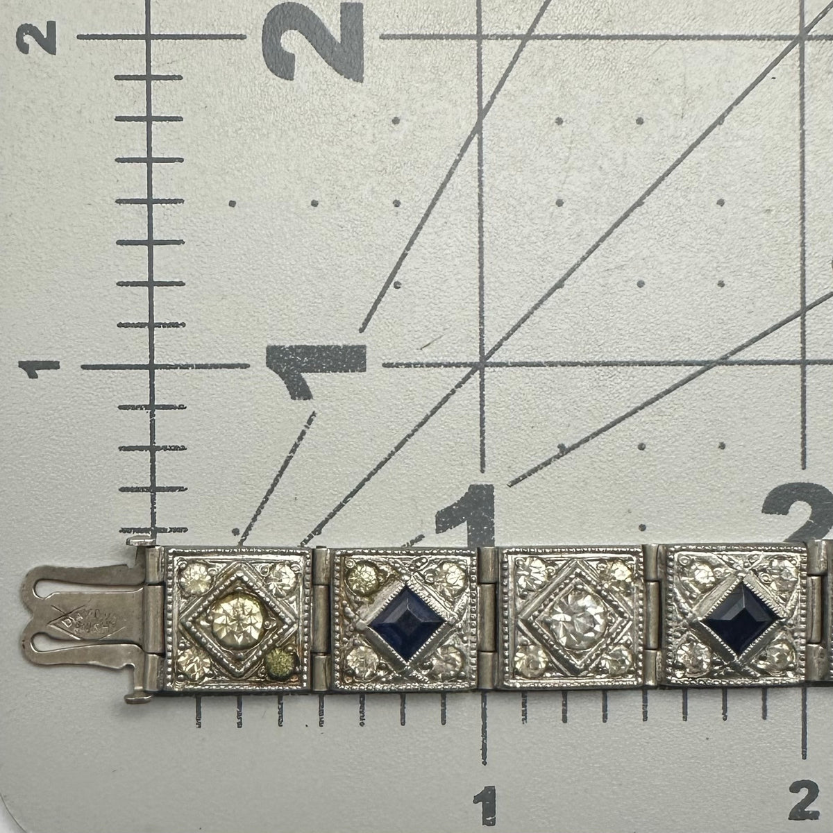Diamond Finish antique Art Deco pot metal clear blue rhinestones bracelet