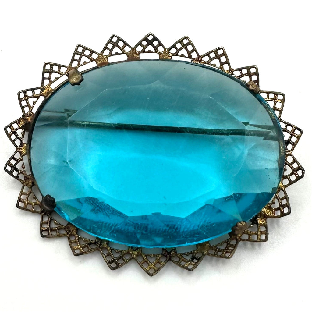 Czechoslovakia antique Art Deco 1920s aqua blue glass rhinestone brass brooch