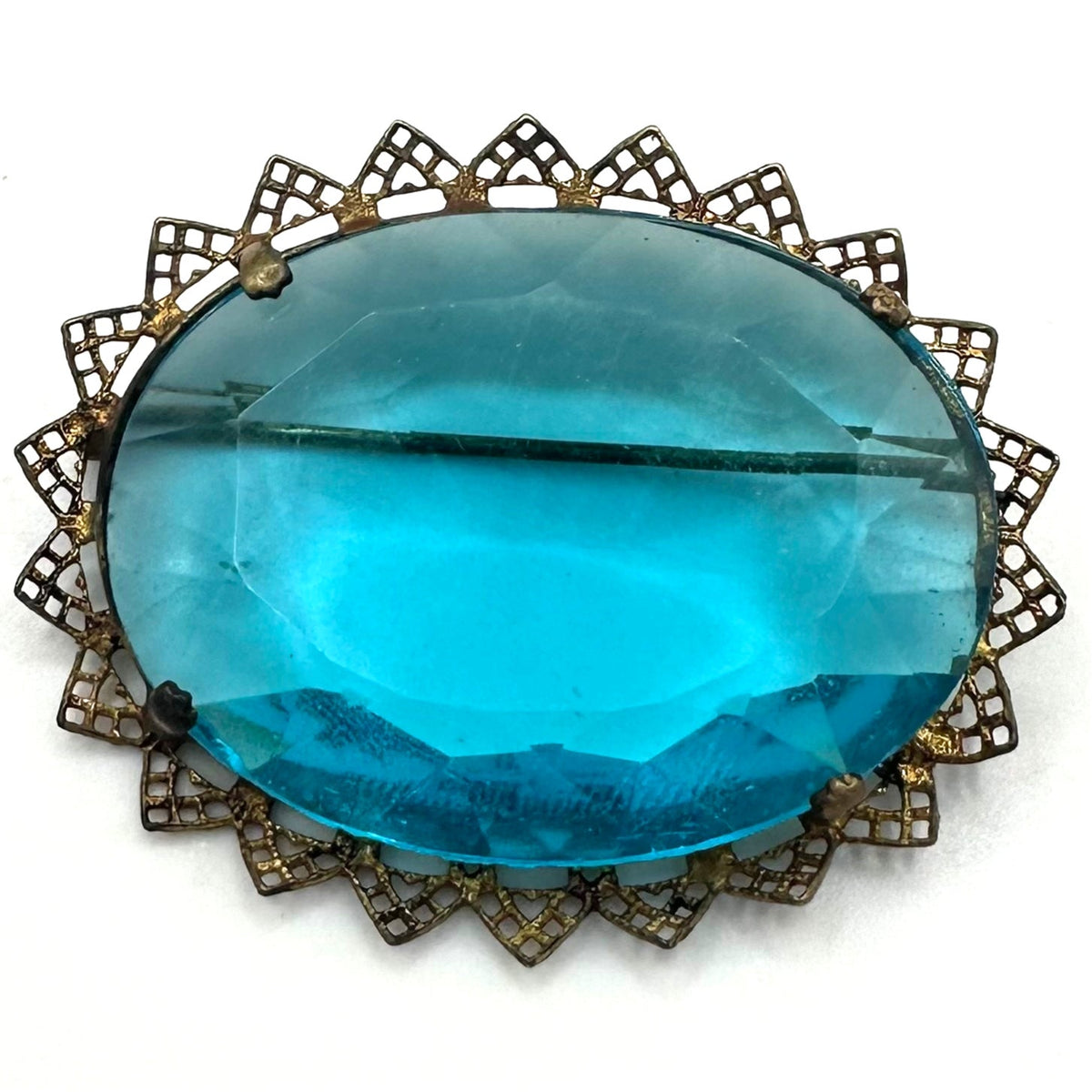 Czechoslovakia antique Art Deco 1920s aqua blue glass rhinestone brass brooch