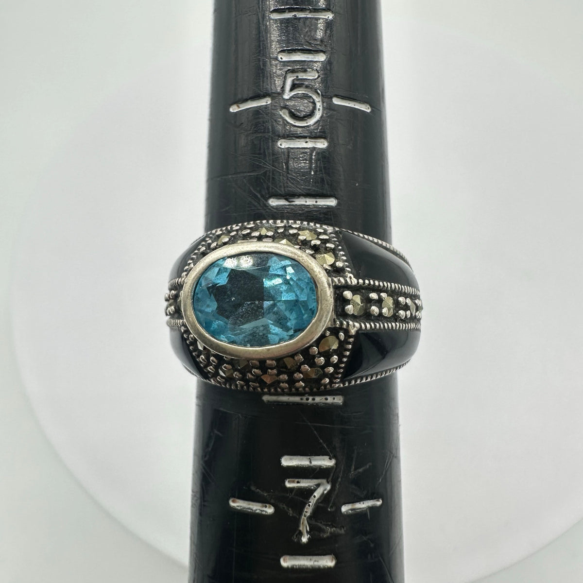 Vintage sterling silver genuine blue topaz marcasite black enamel ring 6