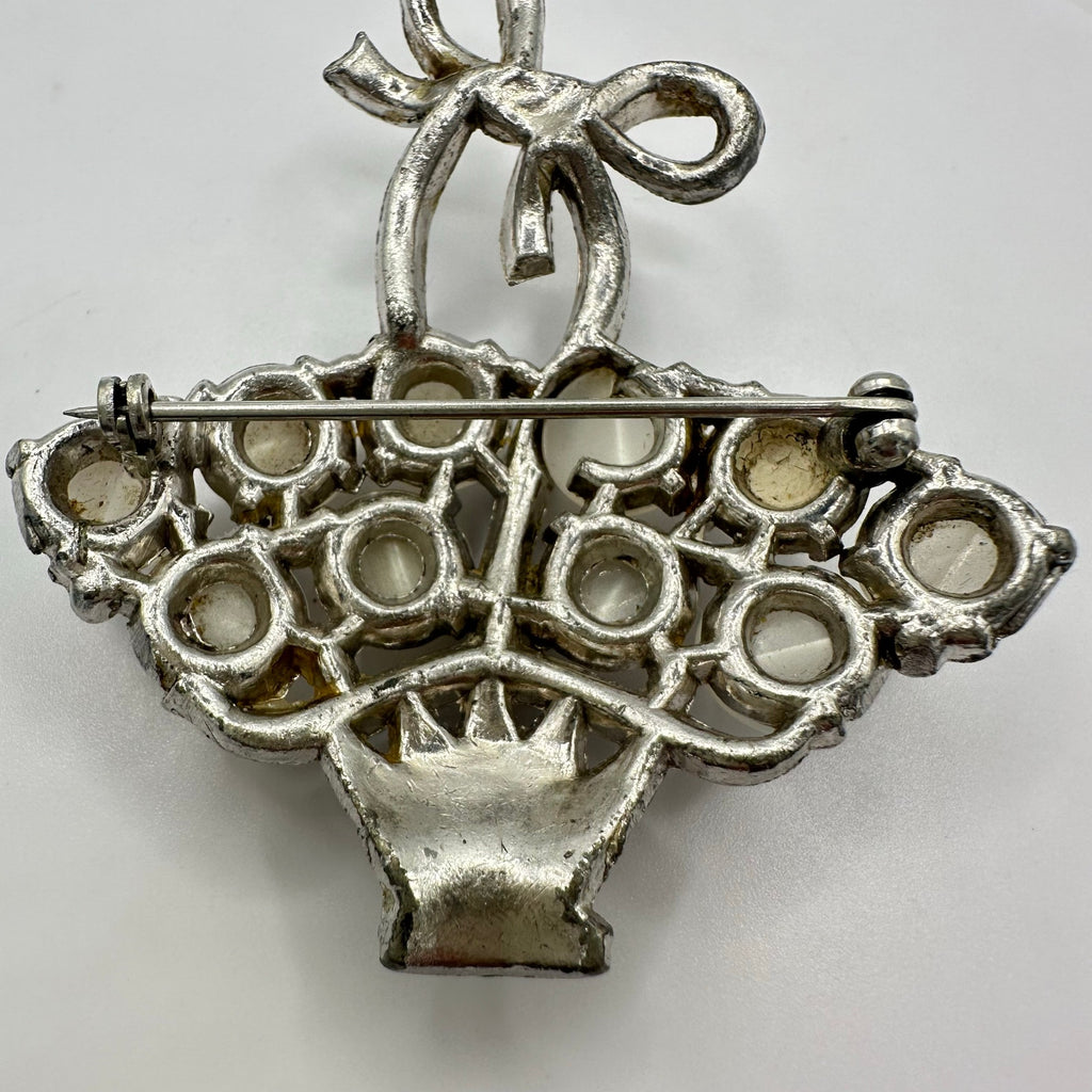 Coro 1941 silver rhodium plated white moonglow lucite rhinestones basket brooch