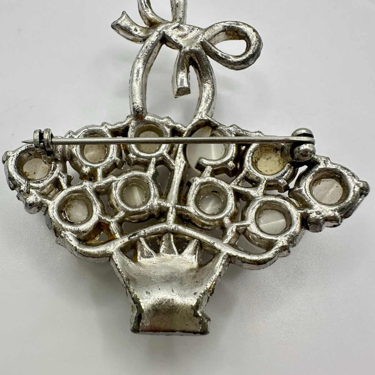 Coro 1941 silver rhodium plated white moonglow lucite rhinestones basket brooch