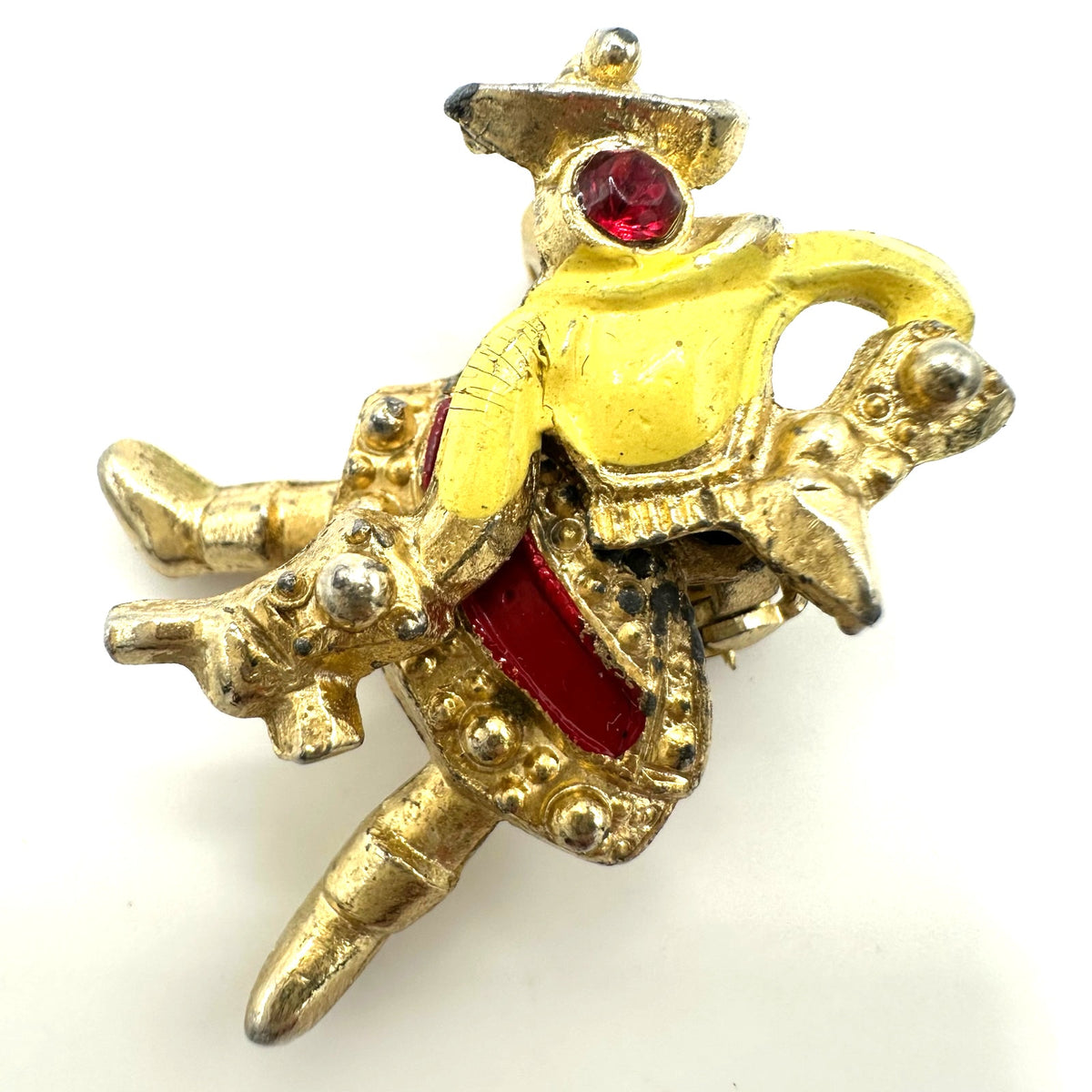 1940s vintage retro gold tone rhinestone enamel articulated figural brooch
