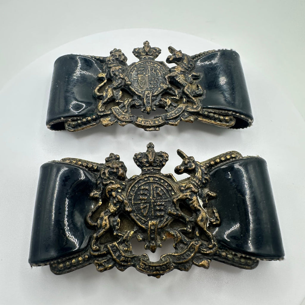 Set of 2 vintage British Military General heraldic patent leather bows buckles