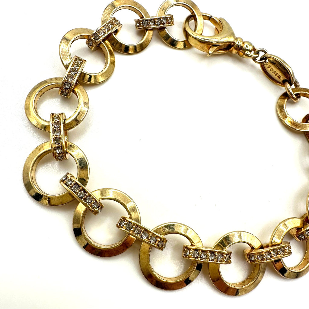 Fossil gold tone clear rhinestones crystals circle cable chain link bracelet