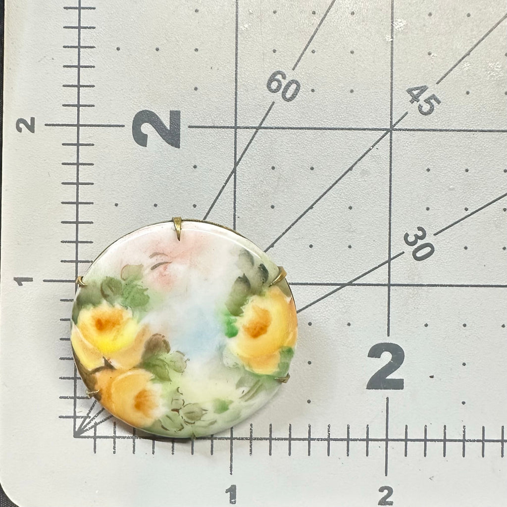 Antique Victorian Edwardian hand painted green yellow round floral brooch pin
