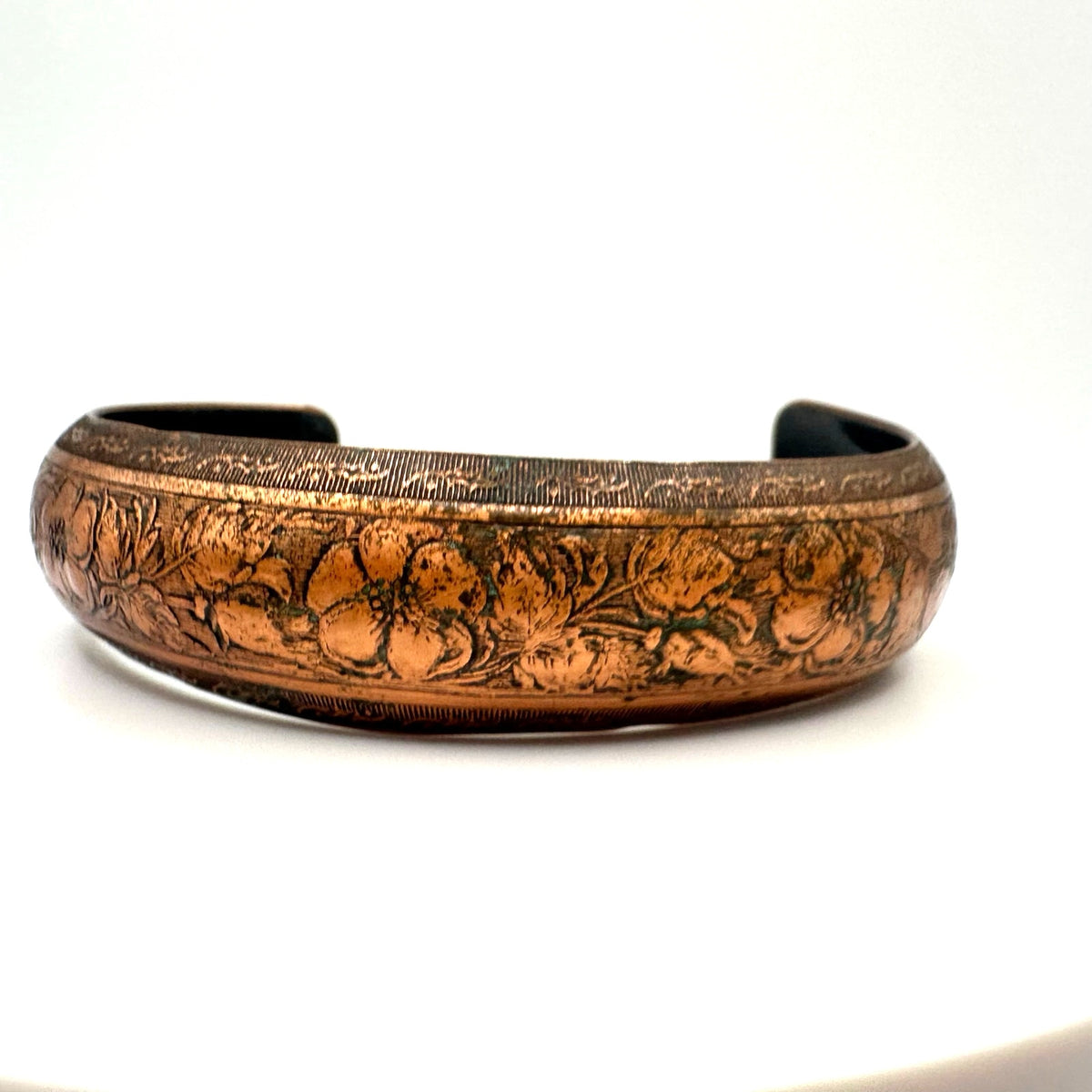 Vintage gold tone solid copper etched flowers floral adjustable cuff bracelet
