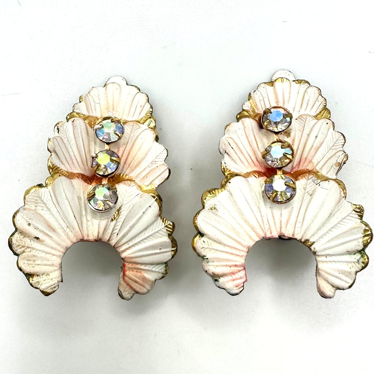 Austria vintage gold tone white pink enamel AB rhinestones clip on earrings