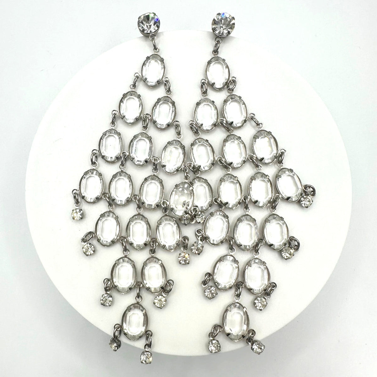 Vintage silver tone clear bezel collet set rhinestones 5" drop post earrings