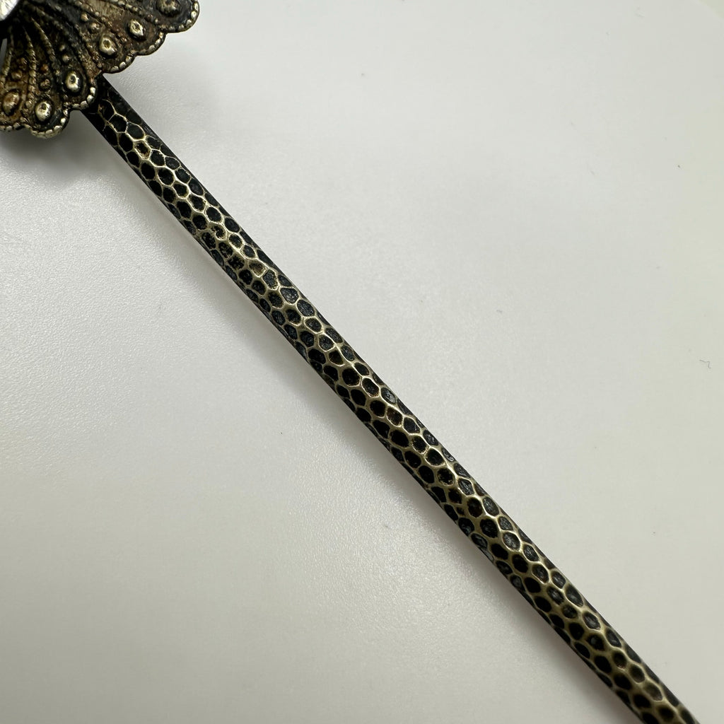 Antique Victorian silver tone textured butterfly clear paste gemstone stick pin