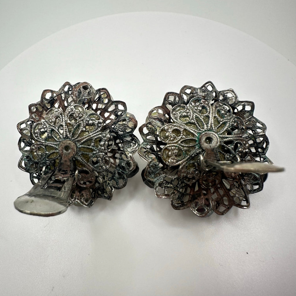 Vintage silver tone AB watermelon glass beads beaded cluster clip on earrings