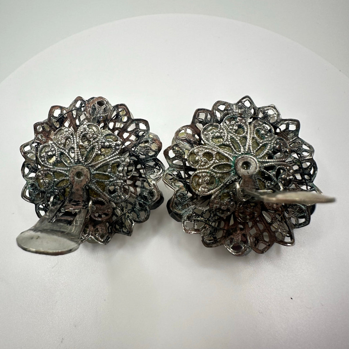 Vintage silver tone AB watermelon glass beads beaded cluster clip on earrings