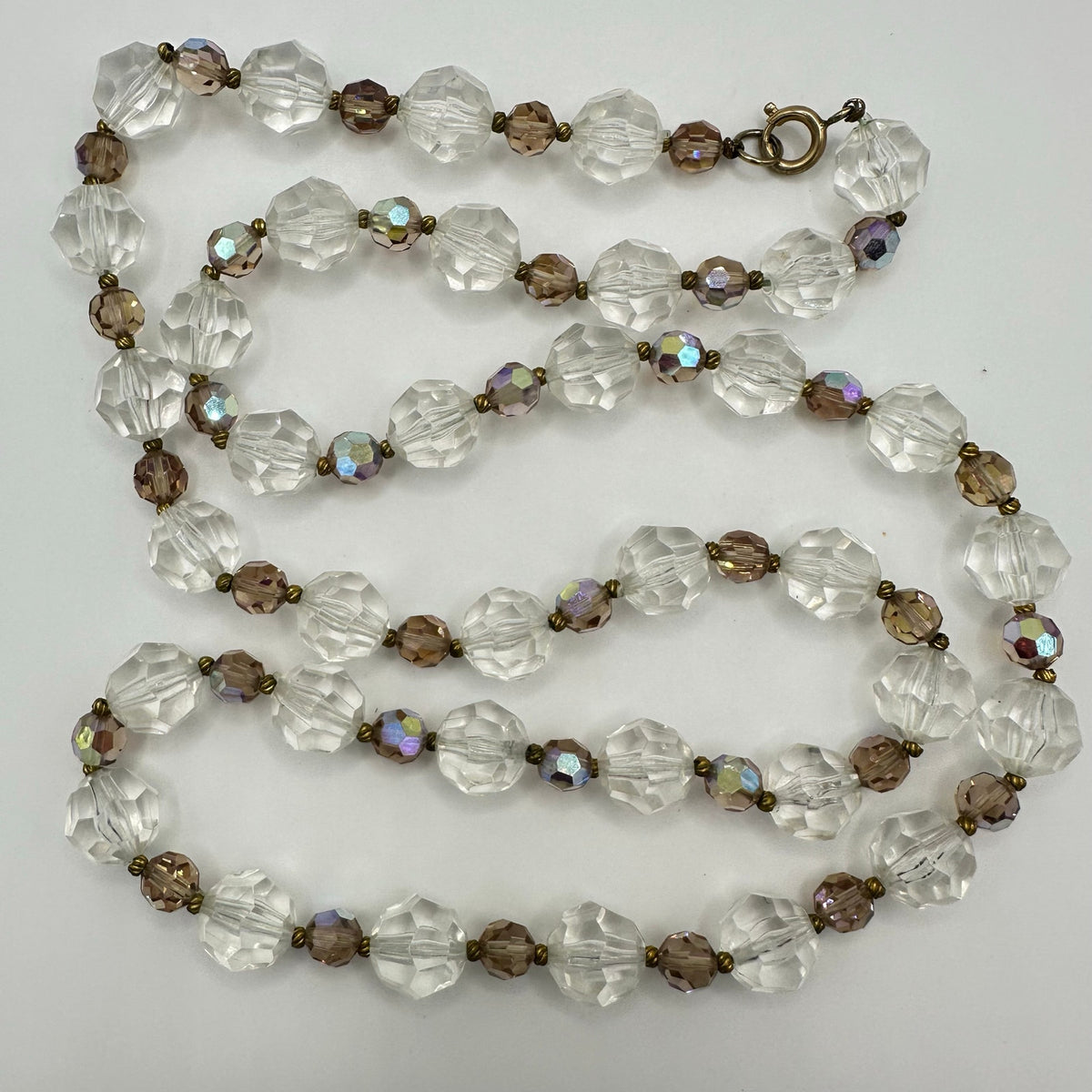 Vintage peach aurora borealis AB glass clear lucite beads beaded 32" necklace