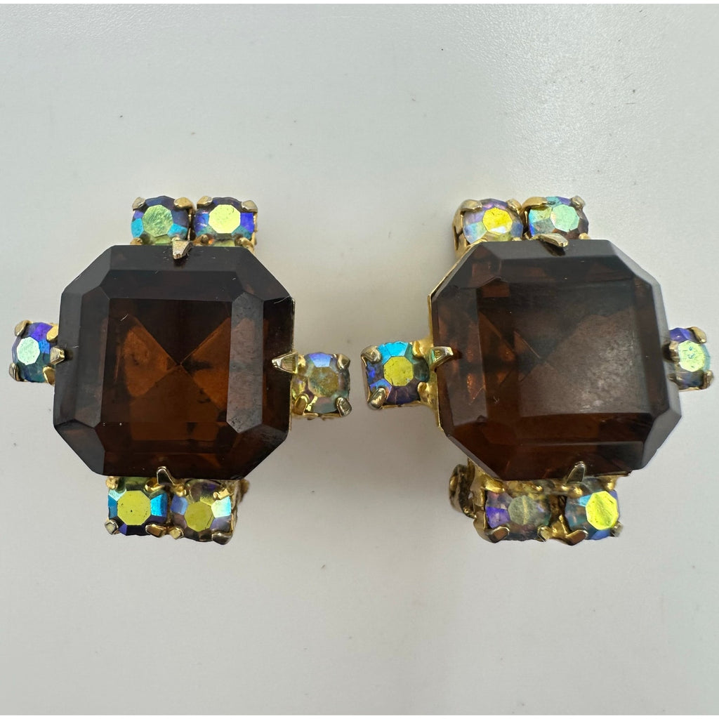 Vintage gold tone amber glass aurora borealis AB rhinestones clip on earrings