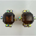 Vintage gold tone amber glass aurora borealis AB rhinestones clip on earrings