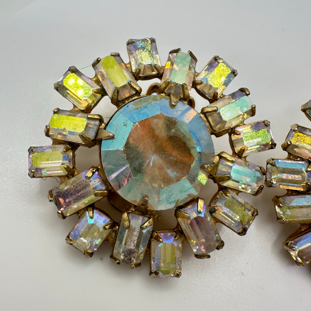1950s vintage gold tone aurora borealis AB glass rhinestones clip on earrings
