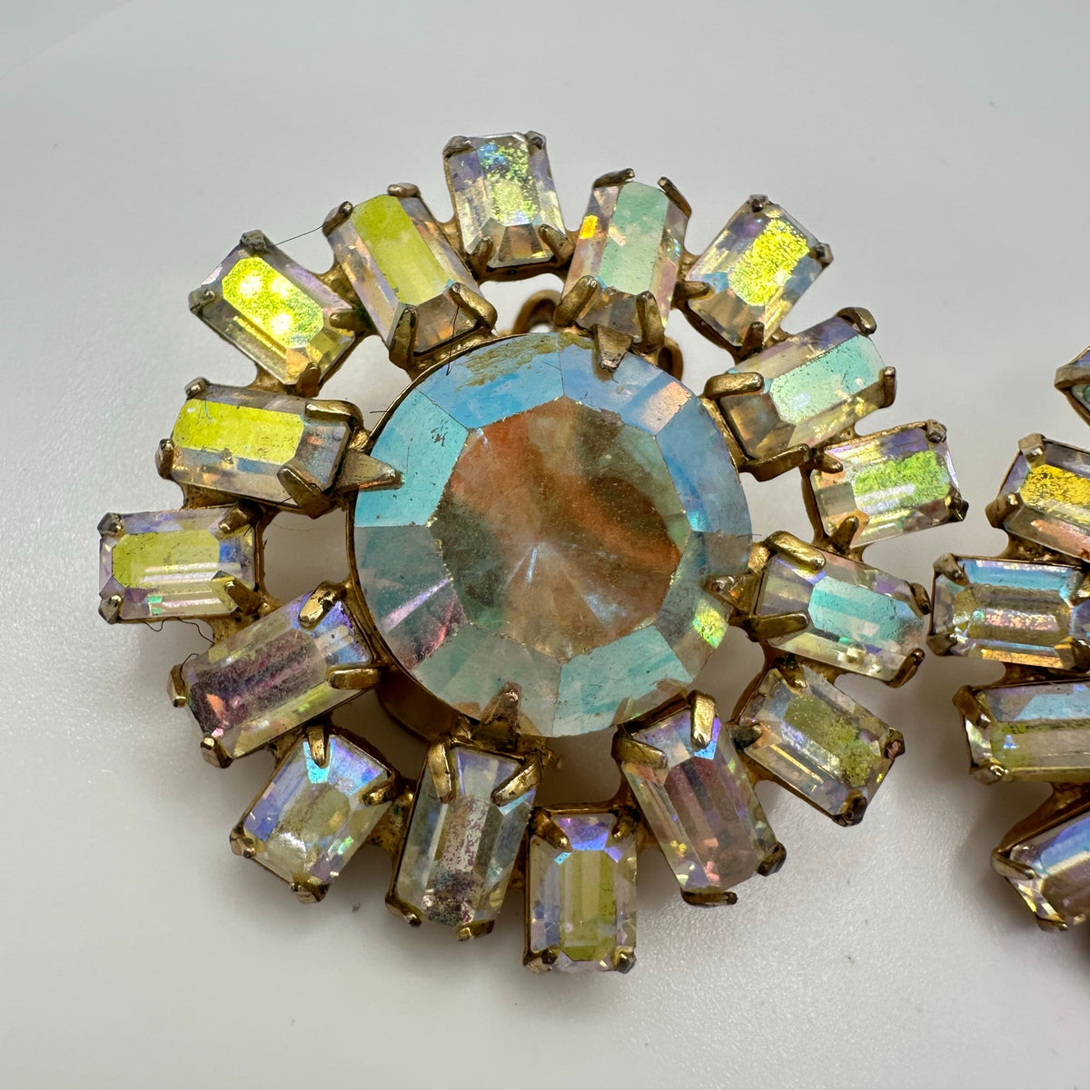 1950s vintage gold tone aurora borealis AB glass rhinestones clip on earrings